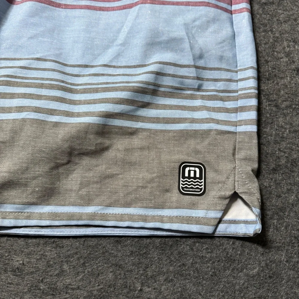 TravisMathew Mens Striped Board Shorts Grey Burgundy Blue Size 38 Swim Trunks